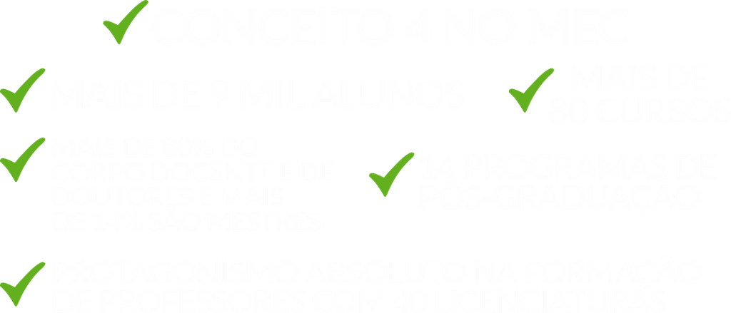 - Conceito 4 no MEC
- Mais de 9 mil alunos
- Mais de 80 cursos
- 14 programas de Pós-graduação
- Protagonismo absoluto em Licenciaturas
- Mais de 80% do corpo docente é de Doutores e mais de 14% são Mestres